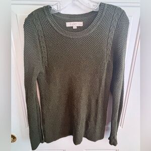 LOFT Petites Green Knit Sweater SP Cable Shoulder Crewneck